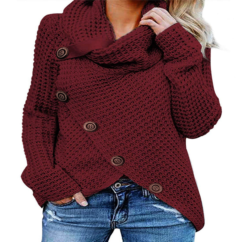 Five-button Turtleneck Pullover Solid Color Women Long-Sleeved Sweater