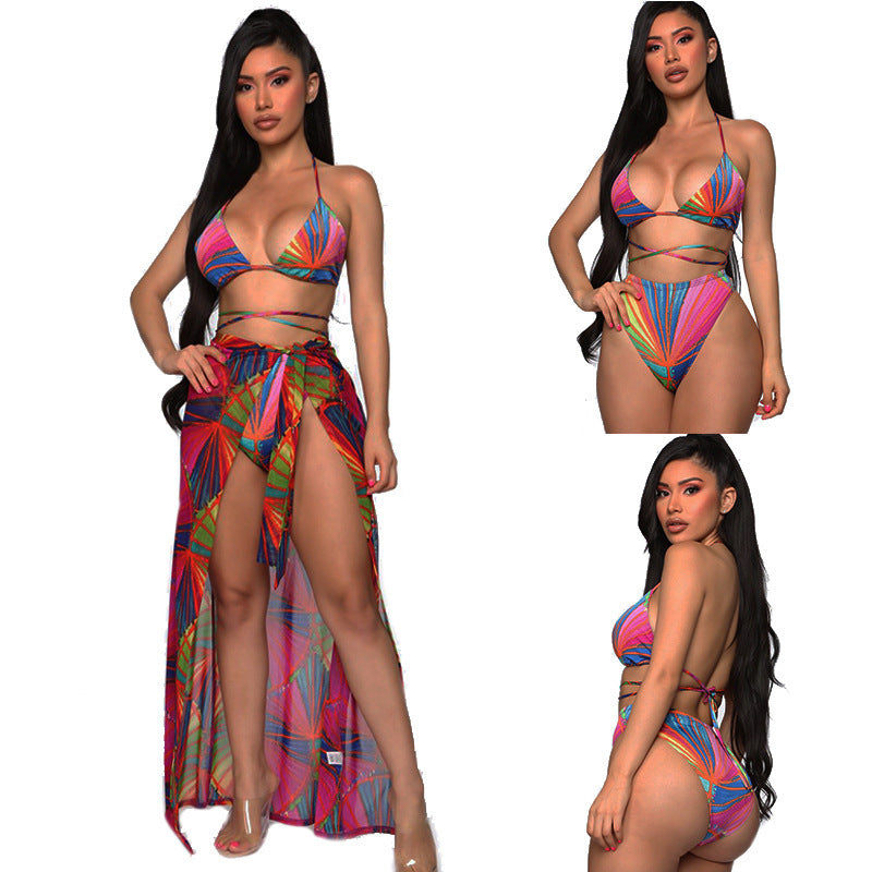 Split bikini drape three-piece swimsuit