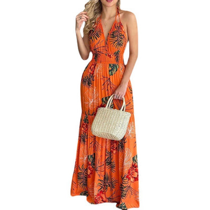 Printed Backless Long Skirt Dress