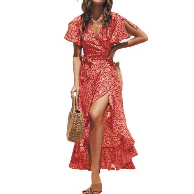 V-neck Irregular High-waisted Lace-up Flying-sleeve Chiffon Print Dress