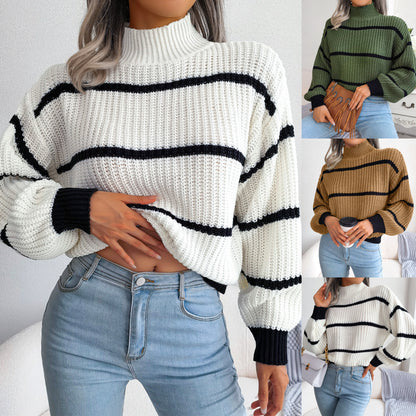 Casual Striped Lantern Sleeve Half Turtleneck Knitted Sweater