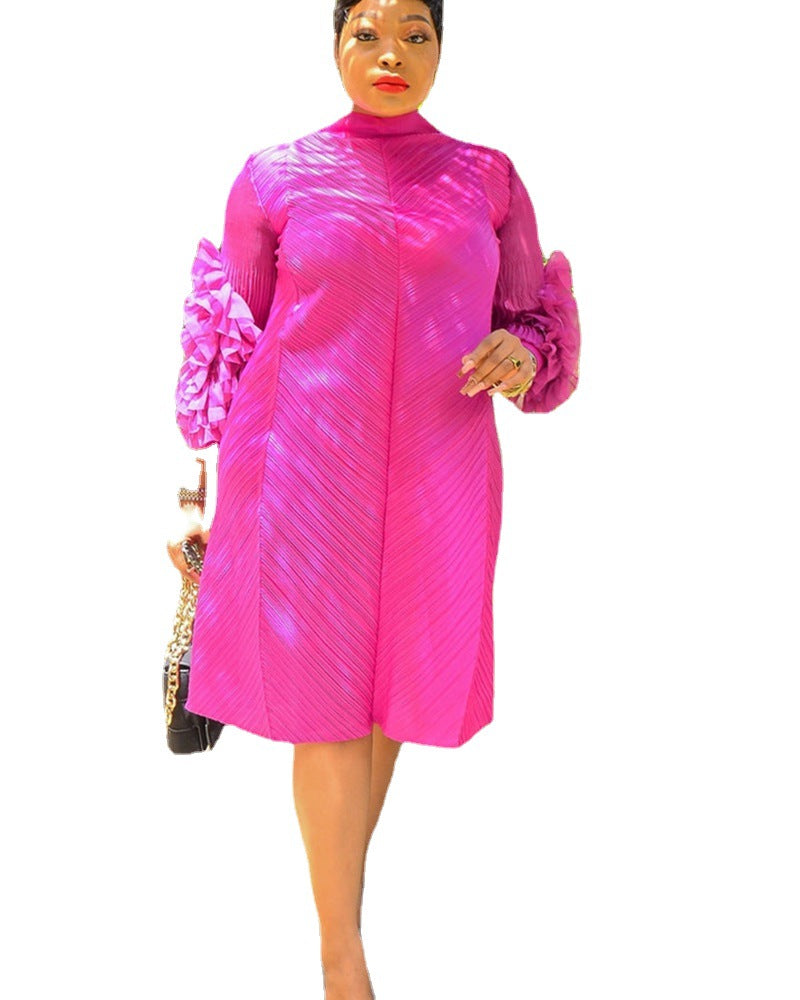 Robe mi-longue plissée à pétales à manches longues pour femmes sans ceinture 