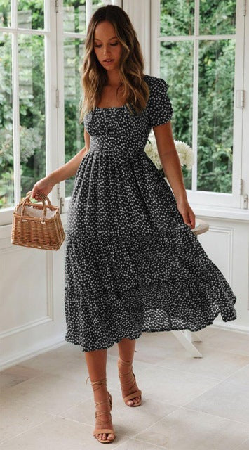 Square Neck Puff Sleeve Floral Dress Long Skirt
