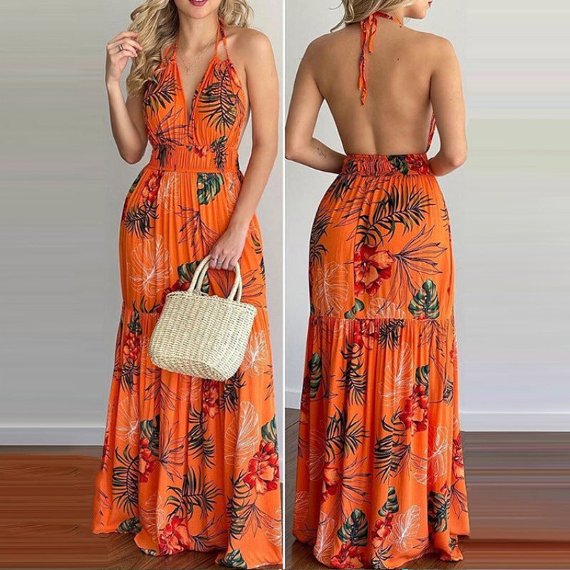 Printed Backless Long Skirt Dress