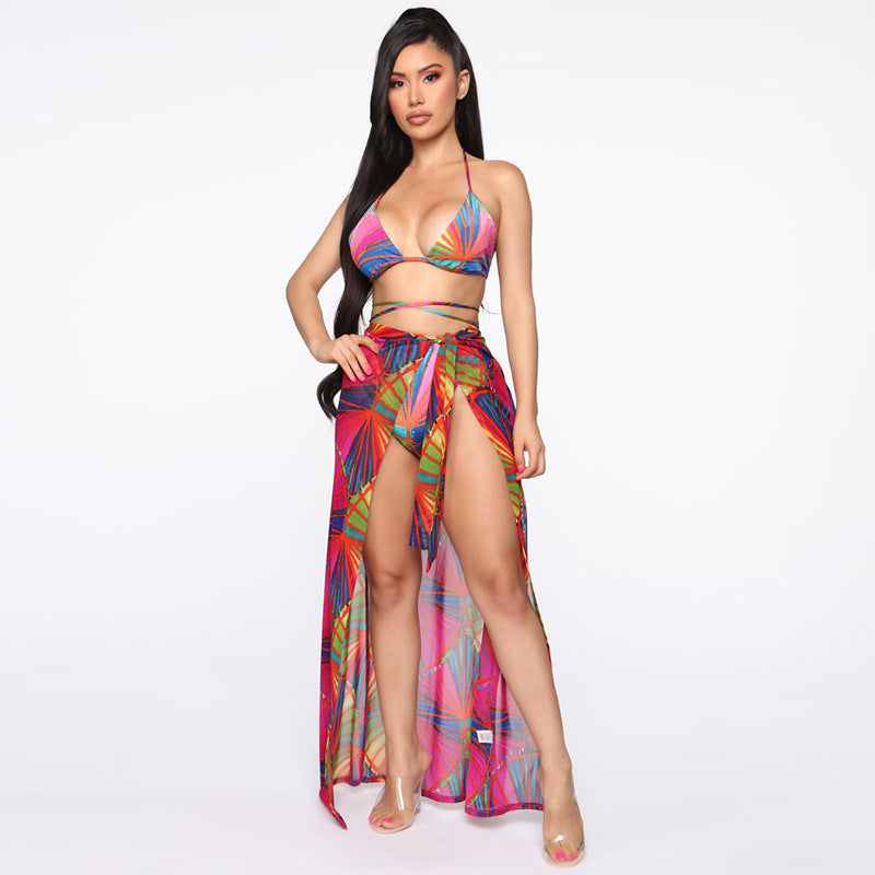 Split bikini drape three-piece swimsuit