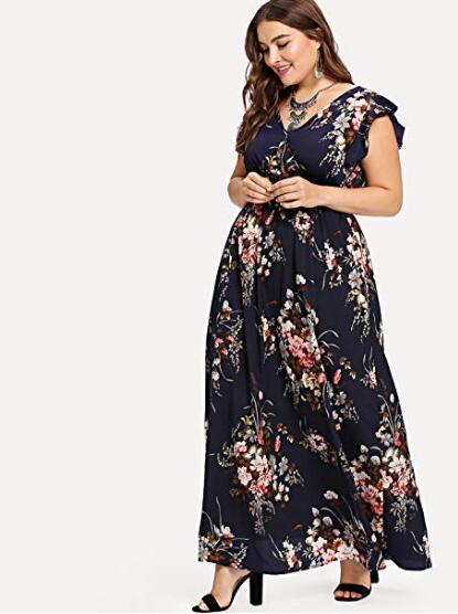 Women Chiffon Elastic Waist Short Sleeve Printing  Dress