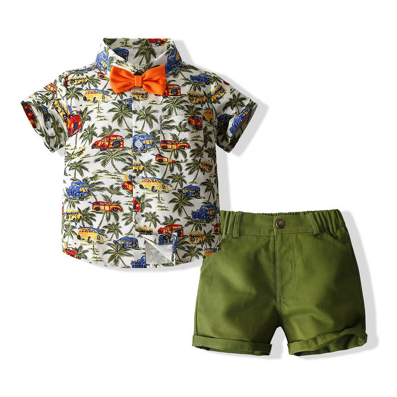 Garçons costume plage Style chemise été Style armée vert cocotier chemise Shorts 