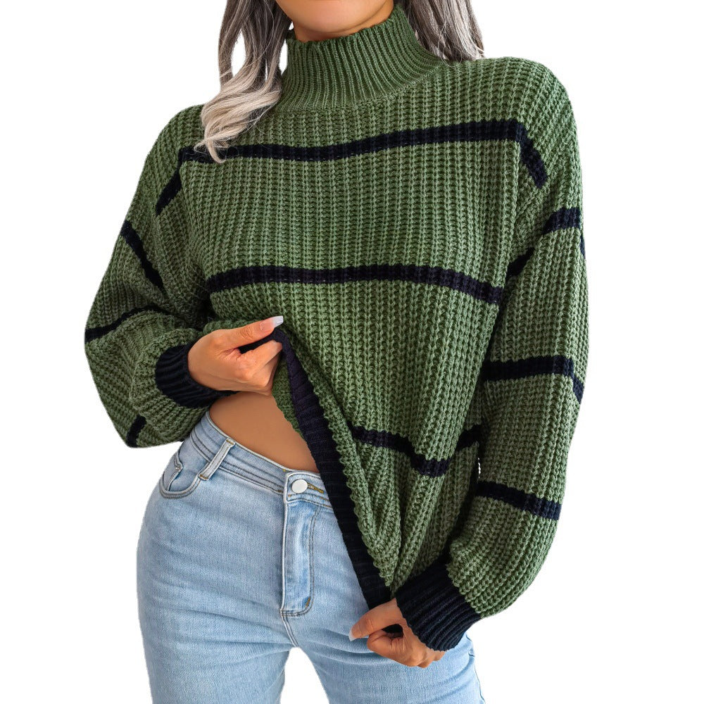 Casual Striped Lantern Sleeve Half Turtleneck Knitted Sweater