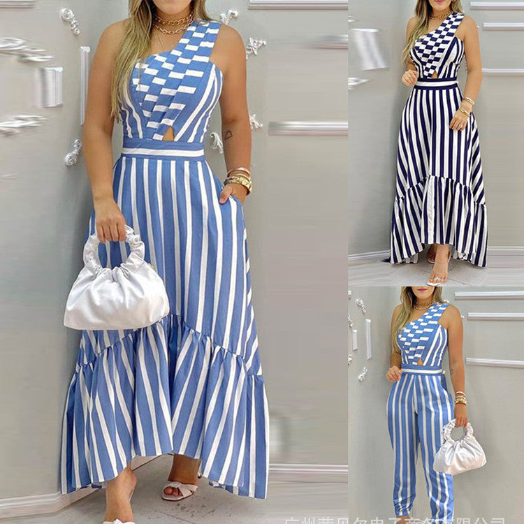 Elegant Commuter Striped One-Shoulder Dress