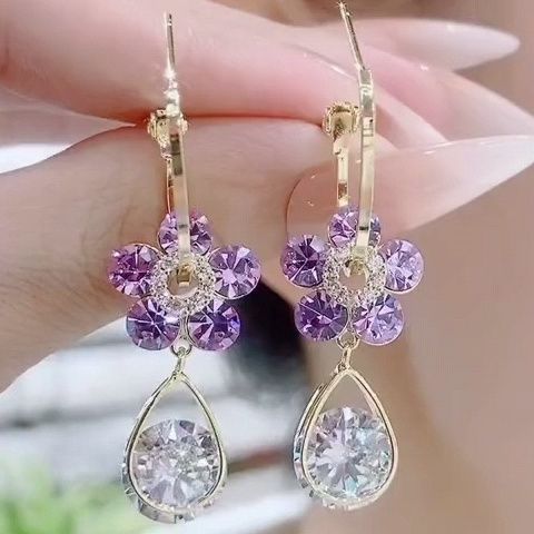 Purple Crystal Flower Earrings