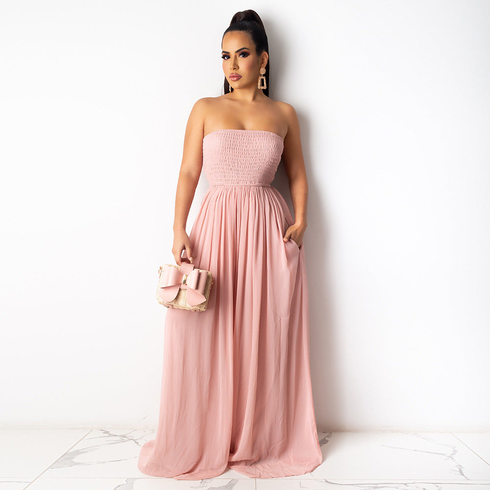 Solid Color Chiffon Tube Top  Wide Leg Fashion Jumpsuit