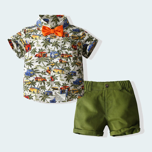 Boys Suit Beach Style Shirt Summer Style Army Green Coconut Tree Shirt Shorts