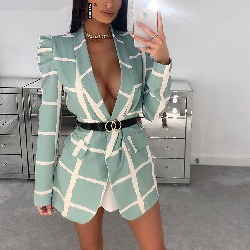 Women Plaid Deep V Neck Long Sleeve Office Fashion Blazer