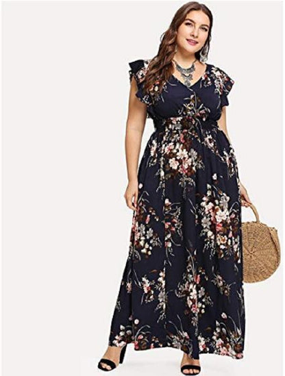 Women Chiffon Elastic Waist Short Sleeve Printing  Dress