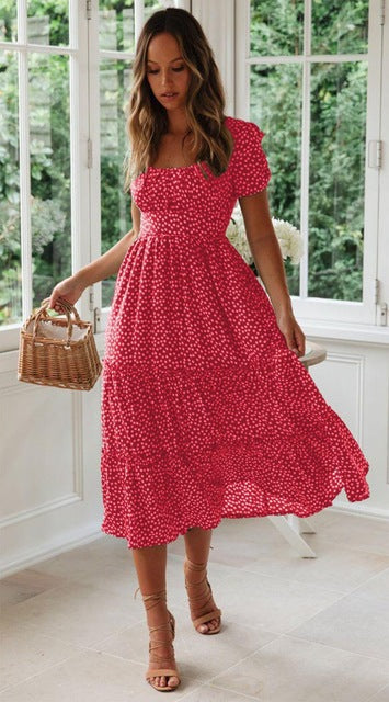 Square Neck Puff Sleeve Floral Dress Long Skirt