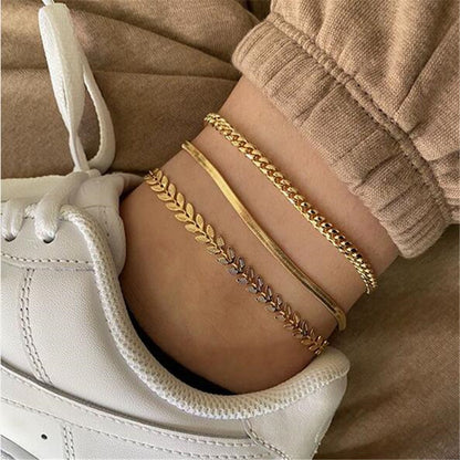 Rongshang Jewelry Cross-border Anklet Set Women's Fashion Anklet Three-piece Flat Snake Wheat Ear Chain Combination Anklet