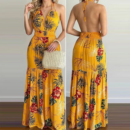 Printed Backless Long Skirt Dress