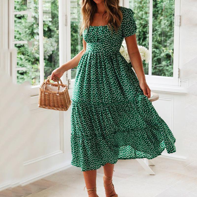 Square Neck Puff Sleeve Floral Dress Long Skirt