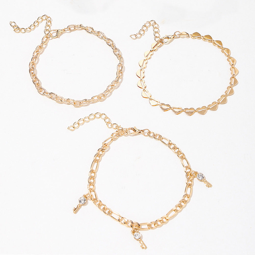 New Hollow Love Anklet Disc Snake-shaped Chain Diamond Key Tassel 5 Piece Set Foot Jewelry