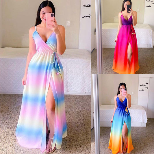 V-Neck Sling Gradient Color Sexy Slit Waist Print Dress