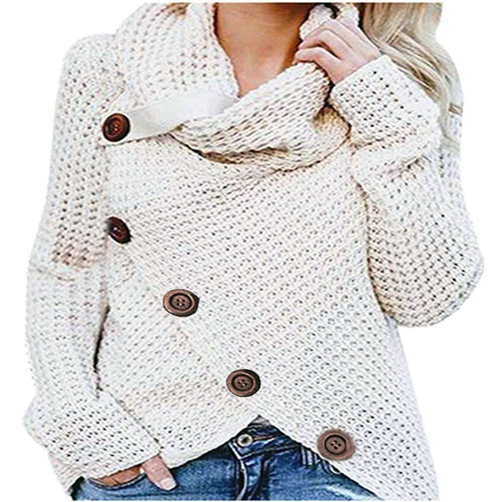 Five-button Turtleneck Pullover Solid Color Women Long-Sleeved Sweater