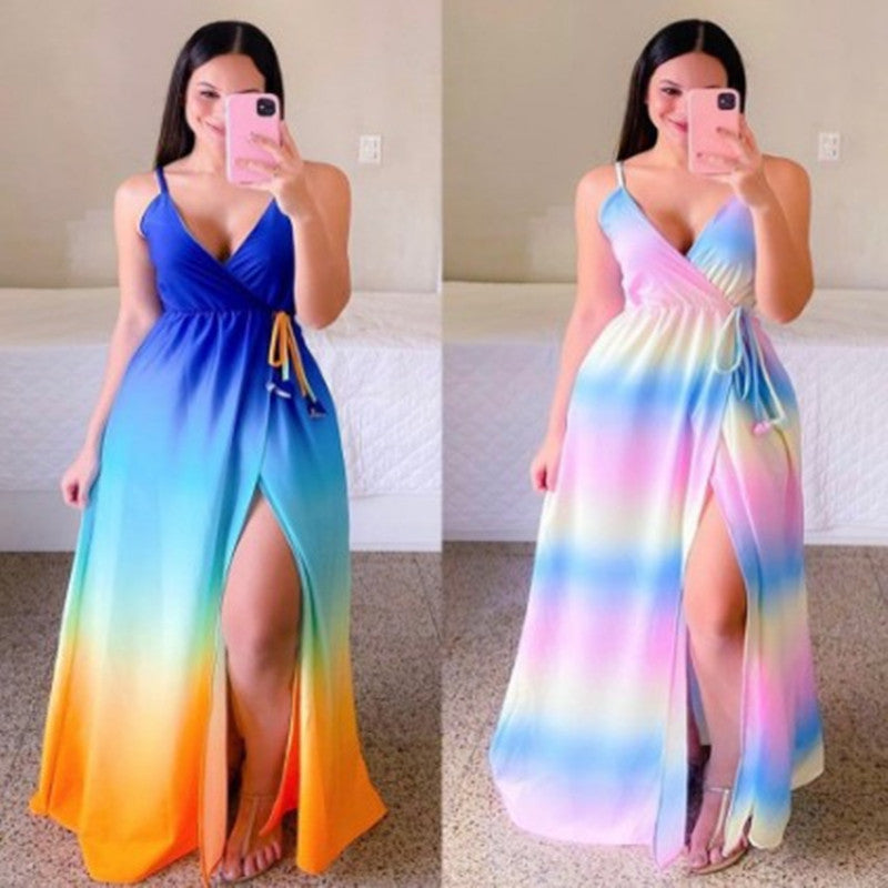 Vestido con estampado de cintura con abertura sexy en color degradado con cuello en V 