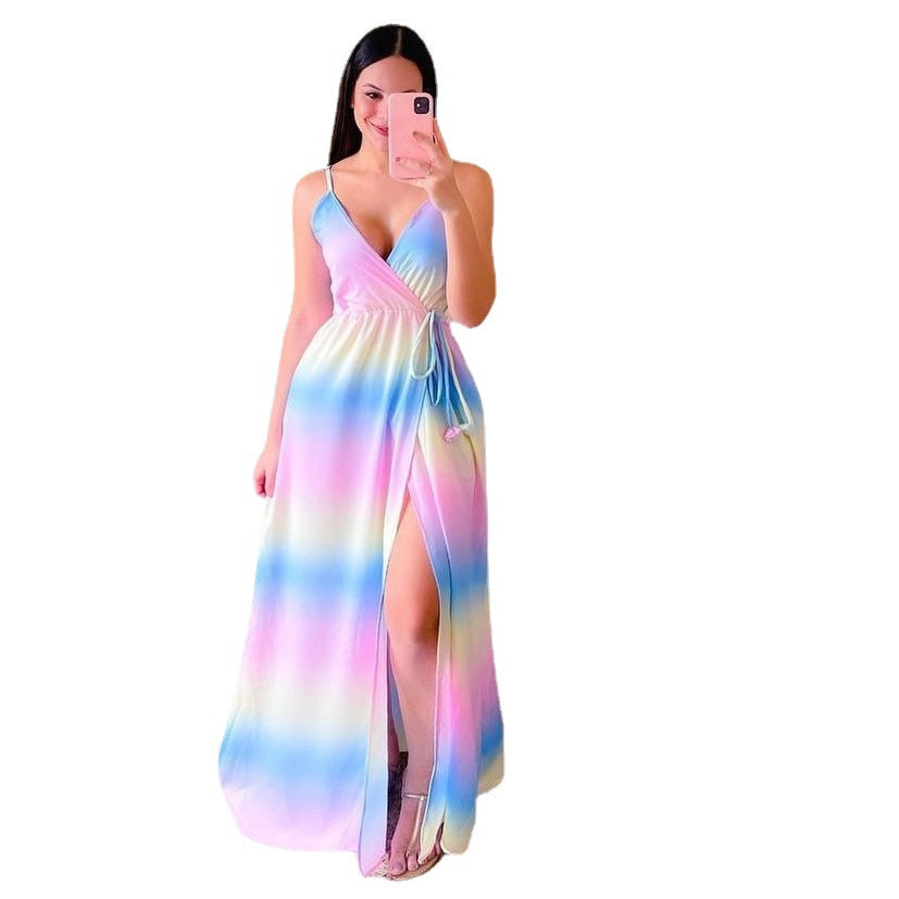 Vestido con estampado de cintura con abertura sexy en color degradado con cuello en V 