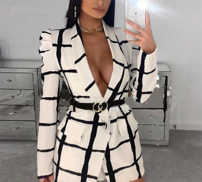 Women Plaid Deep V Neck Long Sleeve Office Fashion Blazer