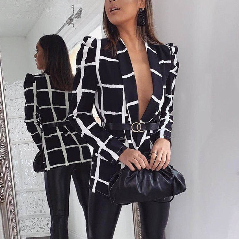 Women Plaid Deep V Neck Long Sleeve Office Fashion Blazer
