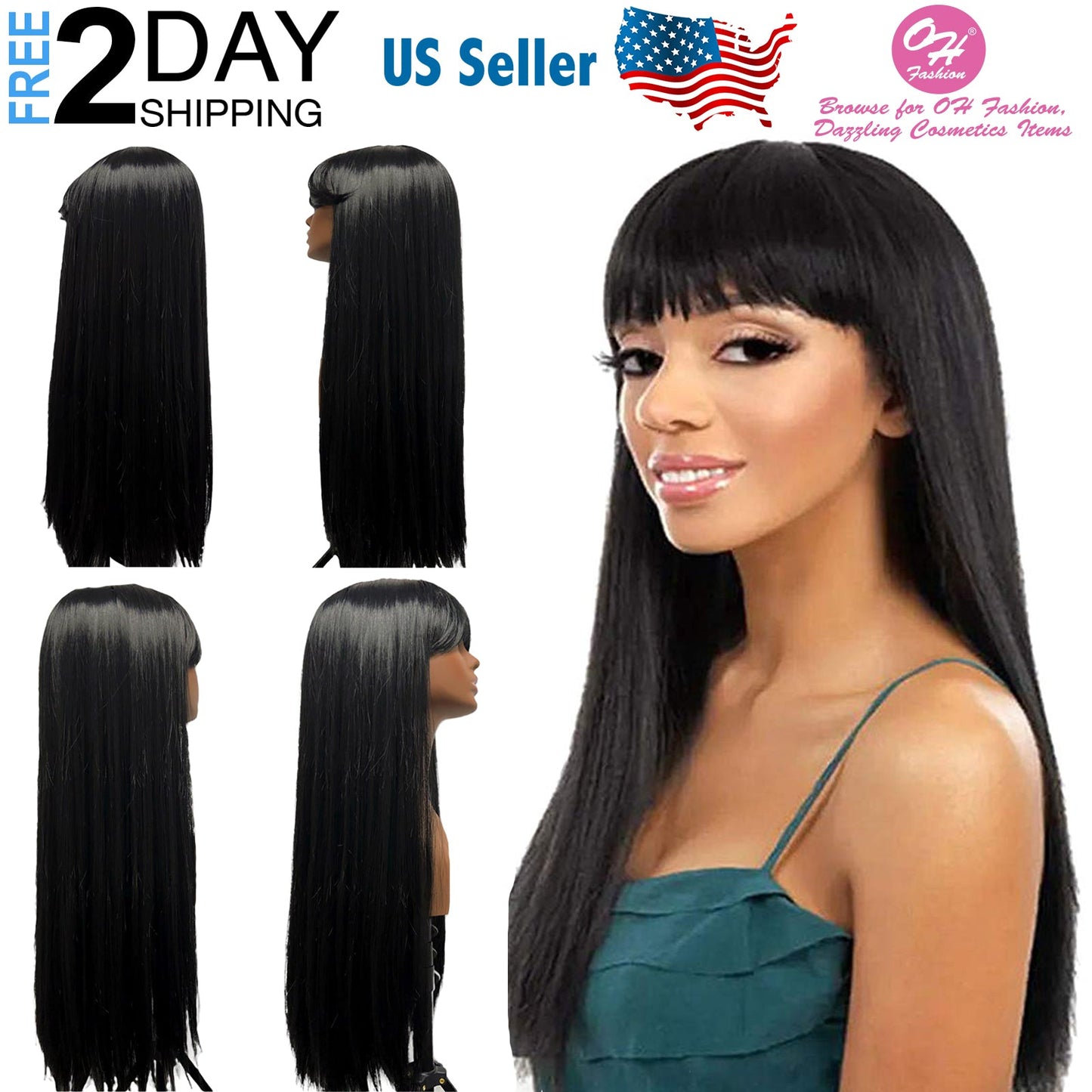 OH Fashion Women Long Straight Black Wig with Bangs, 27 Inches