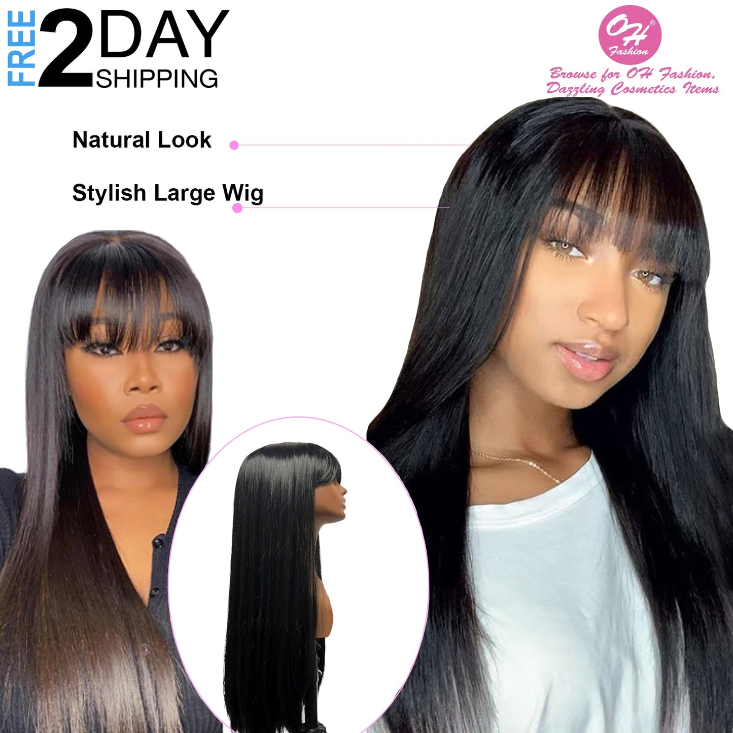 OH Fashion Women Long Straight Black Wig with Bangs, 27 Inches