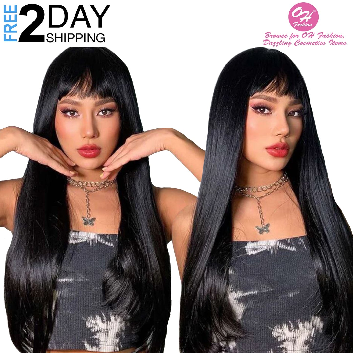 OH Fashion Women Long Straight Black Wig with Bangs, 27 Inches