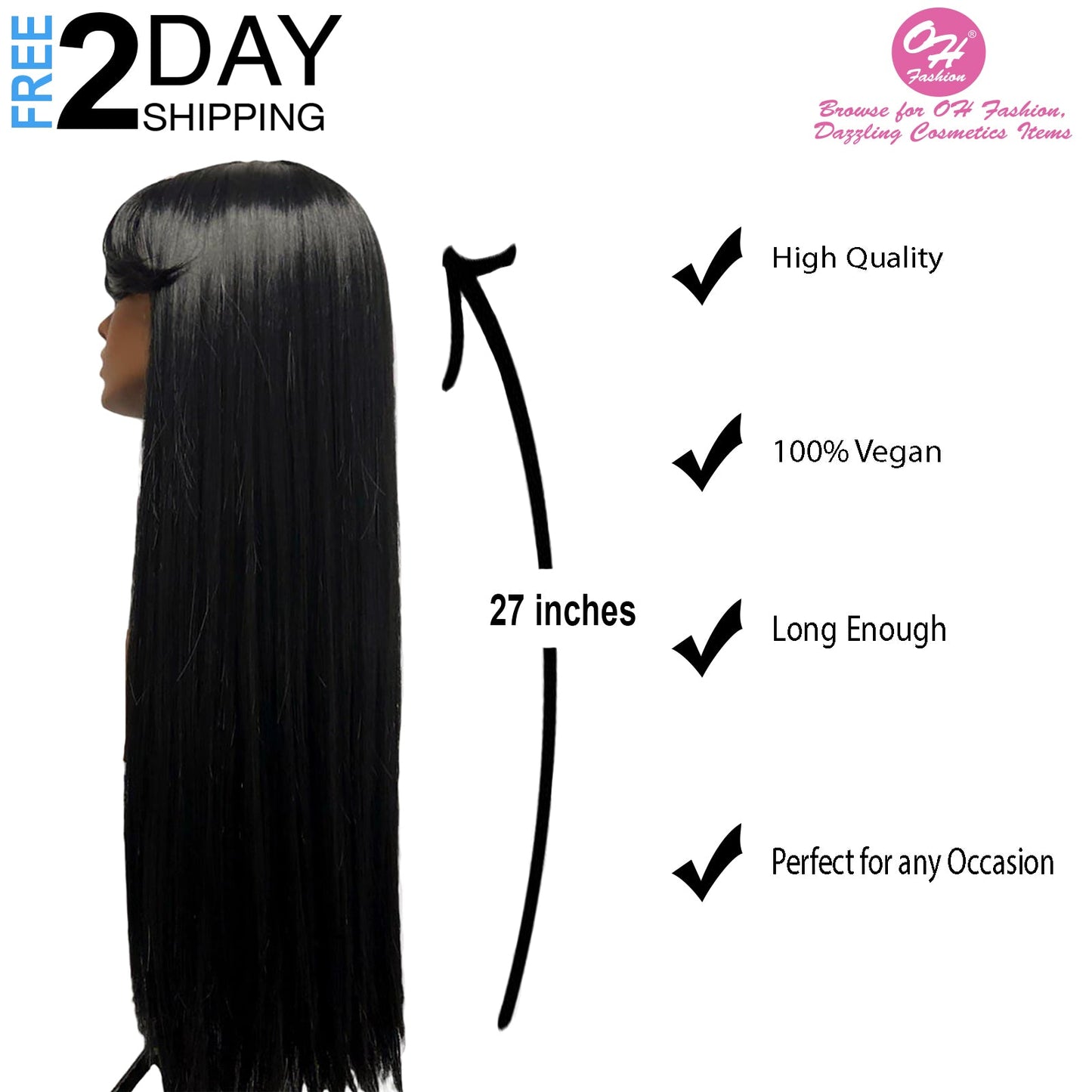 OH Fashion Women Long Straight Black Wig with Bangs, 27 Inches