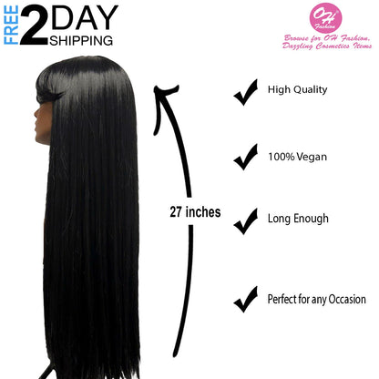 OH Fashion Women Long Straight Black Wig with Bangs, 27 Inches