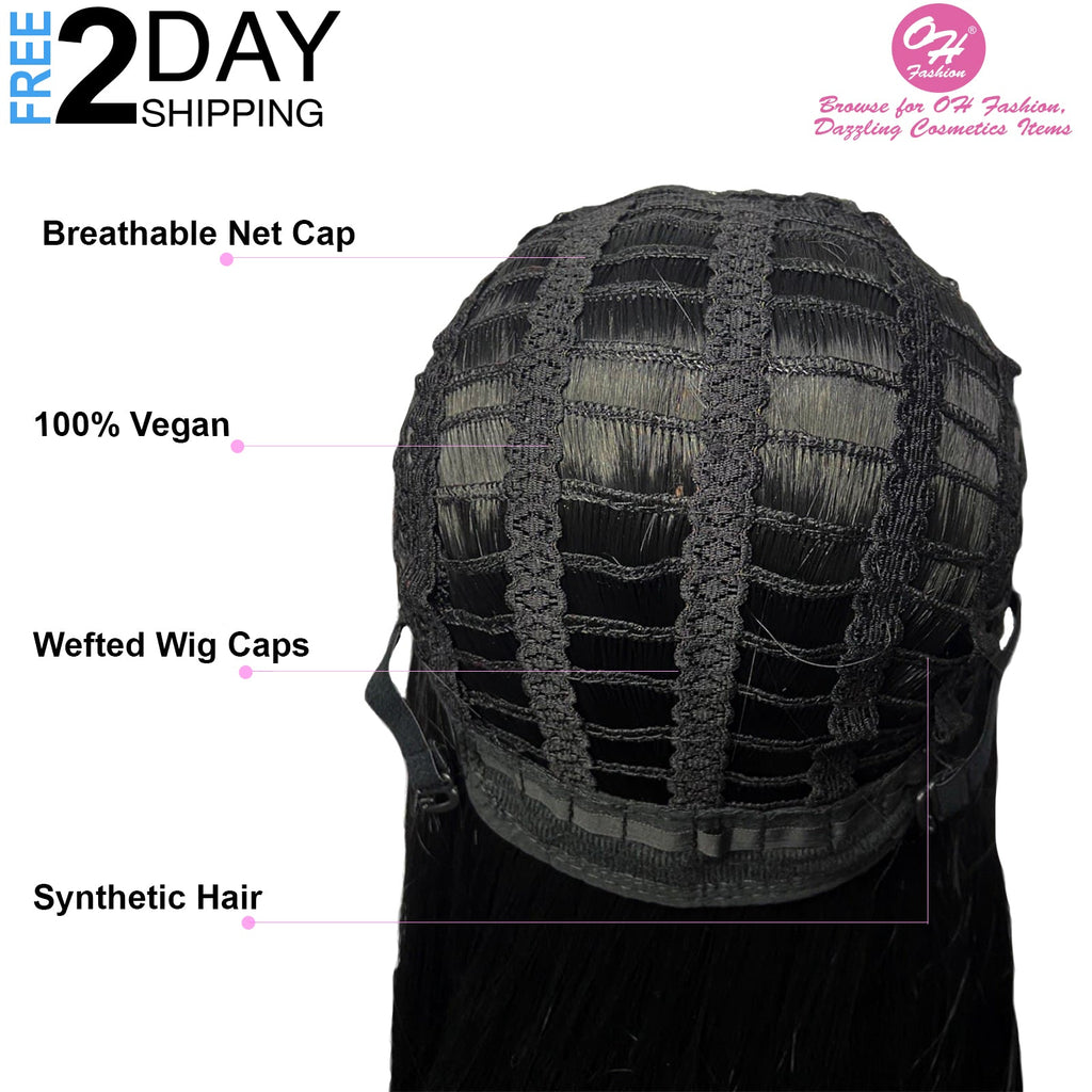 OH Fashion Peluca negra recta larga para mujer con flequillo, 27 pulgadas