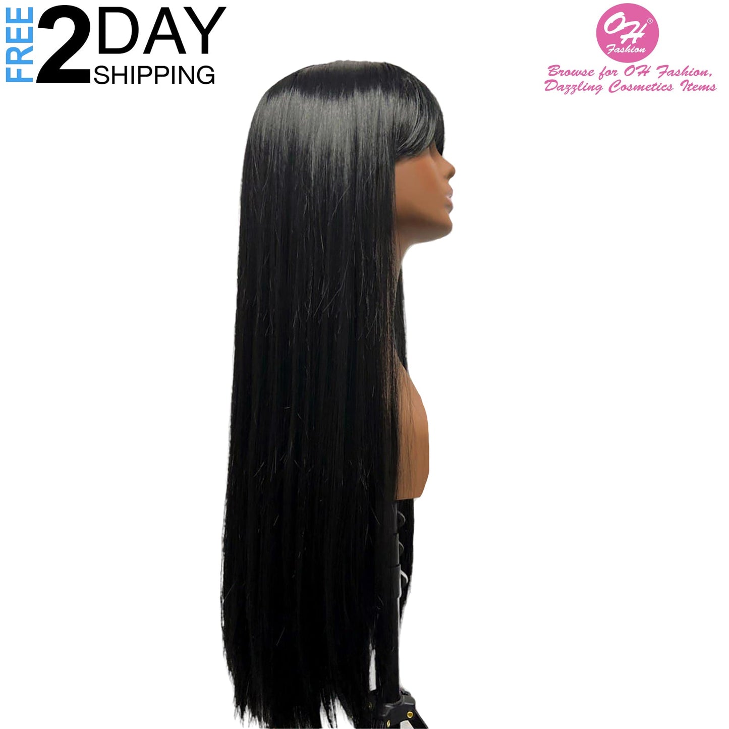 OH Fashion Women Long Straight Black Wig with Bangs, 27 Inches