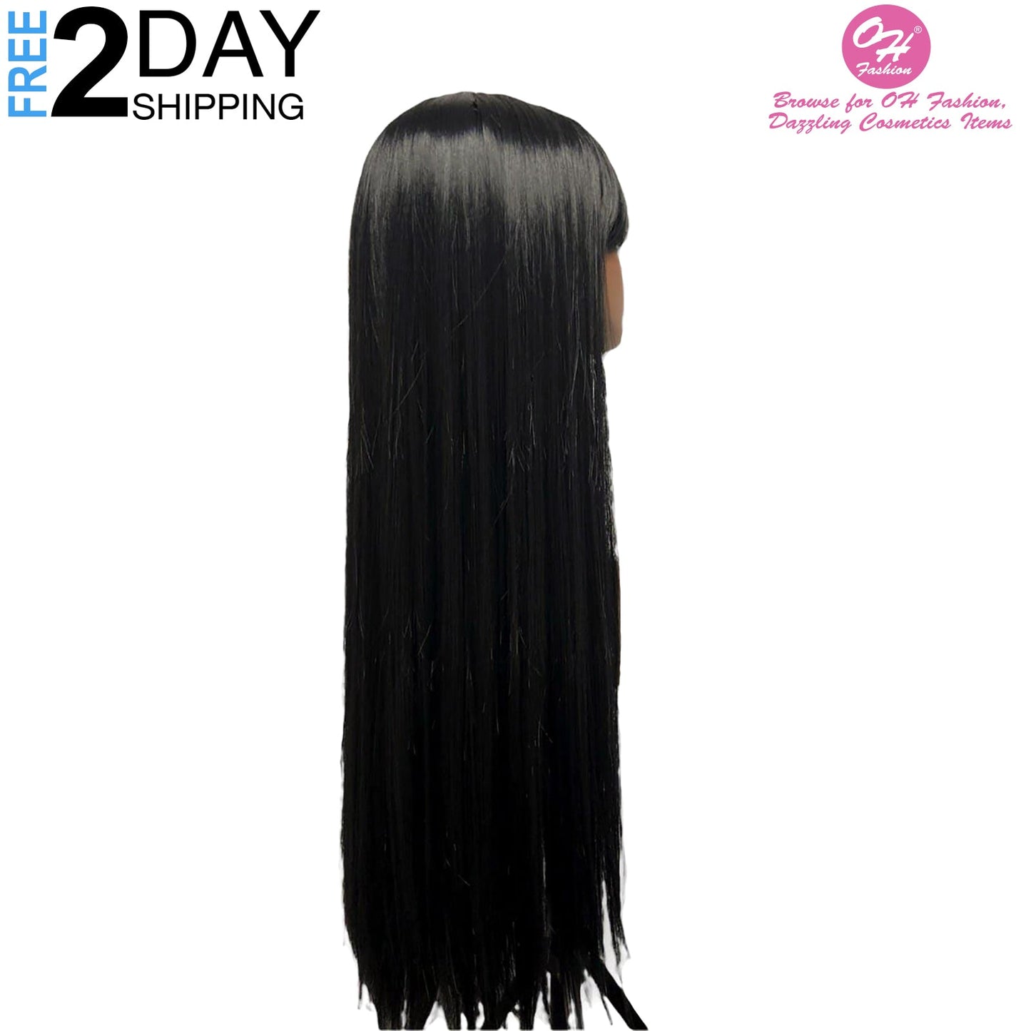 OH Fashion Women Long Straight Black Wig with Bangs, 27 Inches