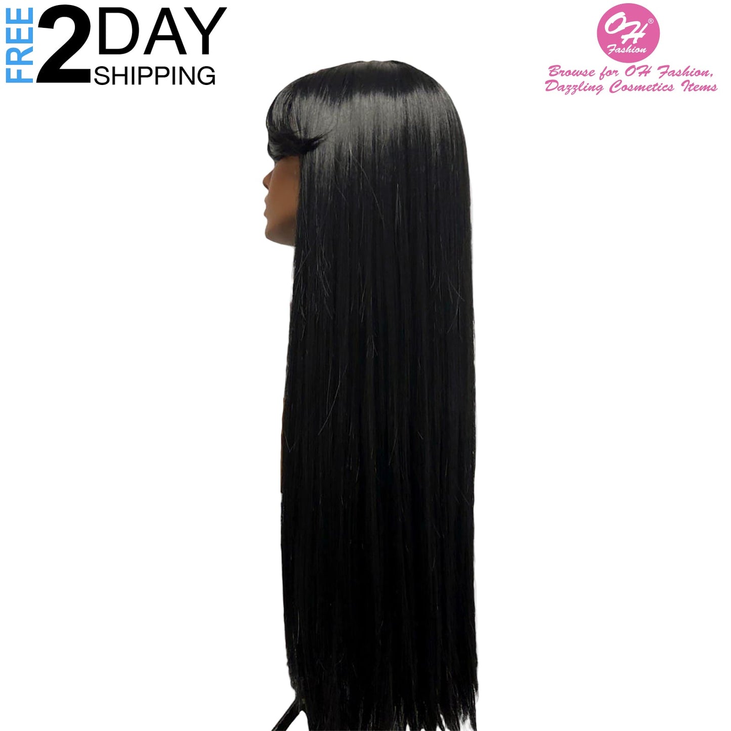 OH Fashion Women Long Straight Black Wig with Bangs, 27 Inches