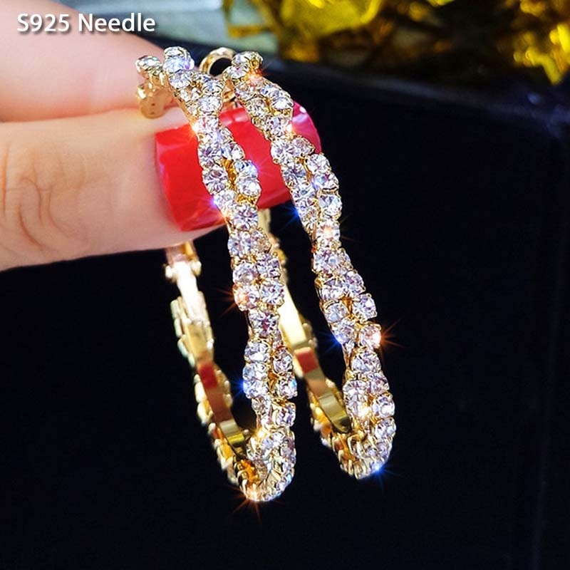Real 925 Sterling Silver Needle Hoop Earrings for Women Jewelry Gold