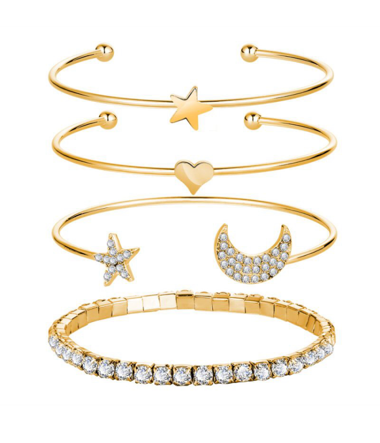 4 Pcs Diamond Decor Star Moon Open Bracelets Set