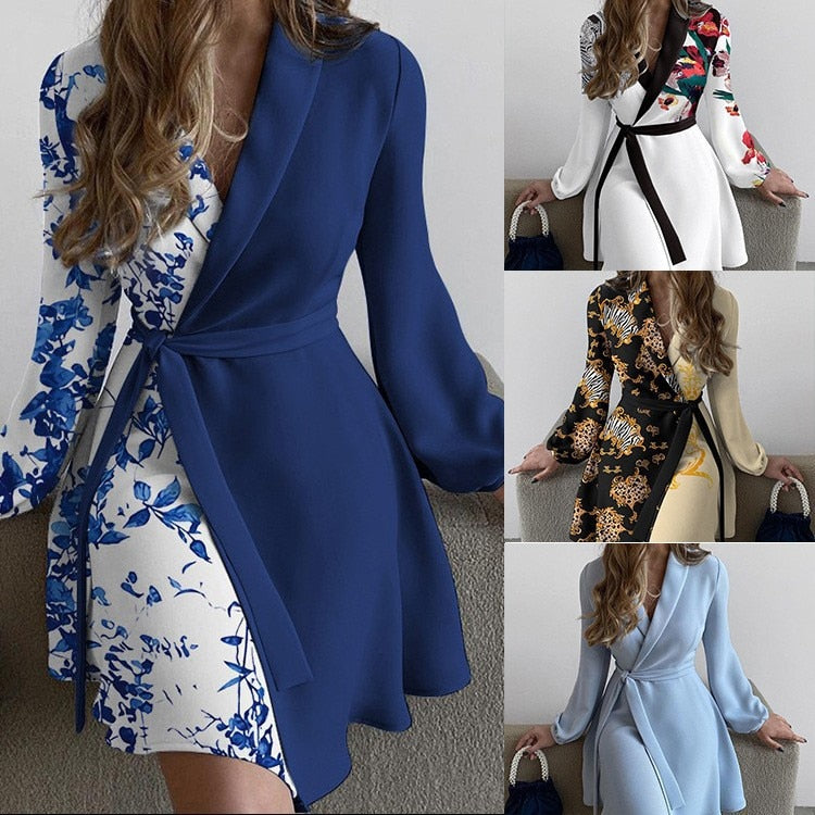 Women V-neck Casual Floral Print  Long Sleeve Mini Dress