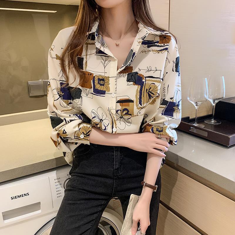 Print Buttons Long Sleeve Chiffon Shirt