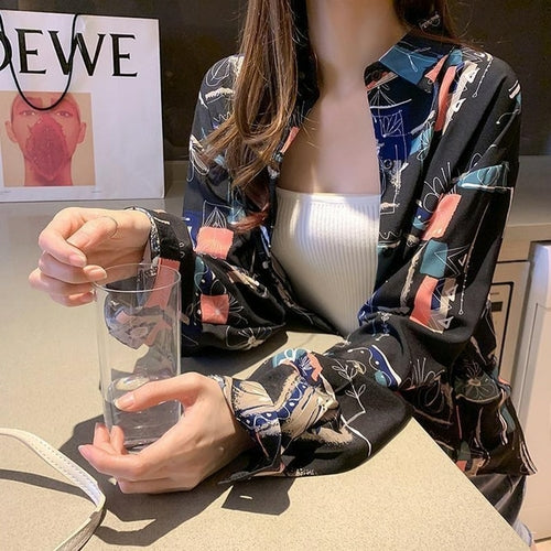 Print Buttons Long Sleeve Chiffon Shirt