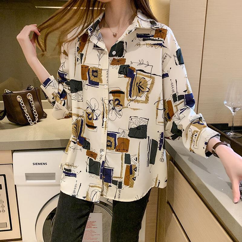 Print Buttons Long Sleeve Chiffon Shirt