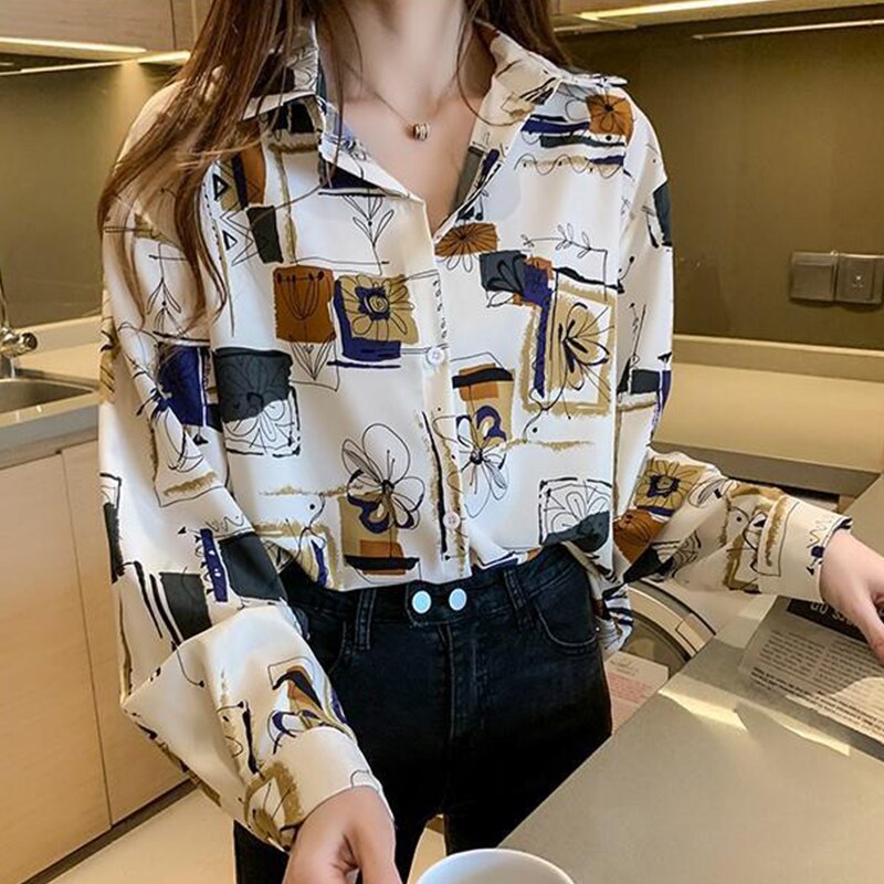 Print Buttons Long Sleeve Chiffon Shirt