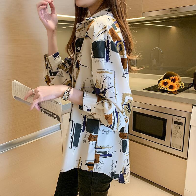Print Buttons Long Sleeve Chiffon Shirt