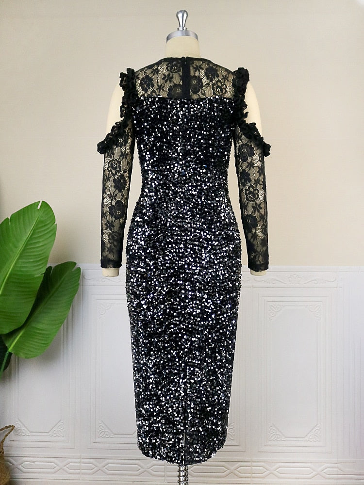 Black Sequins Long Sleeves Evening Dress