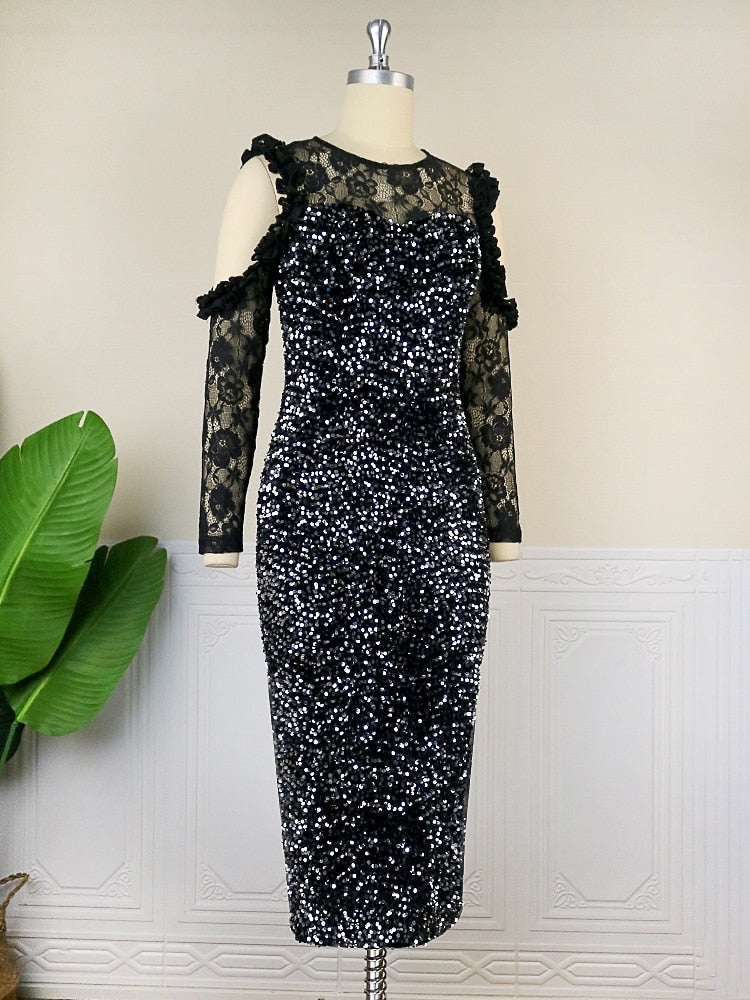 Black Sequins Long Sleeves Evening Dress
