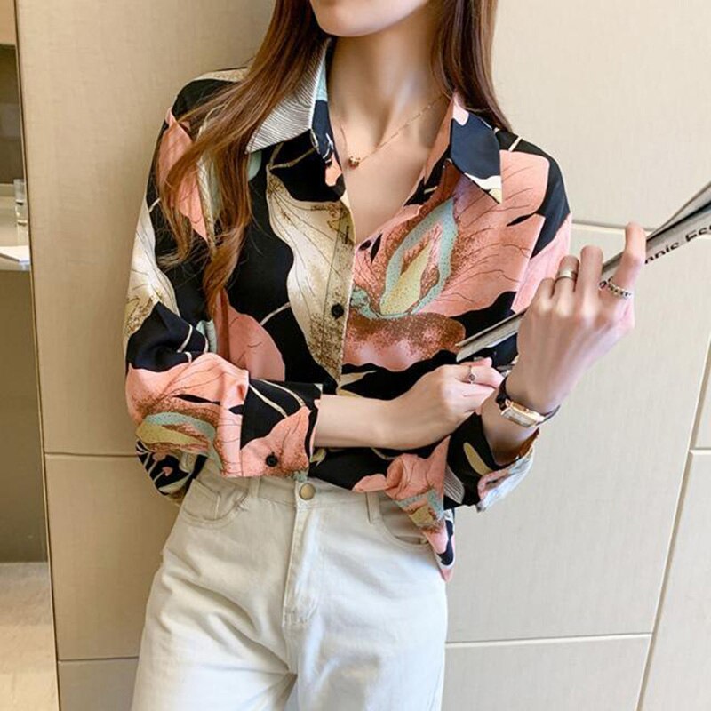 Camisa casual de gasa con estampado floral de manga larga para mujer