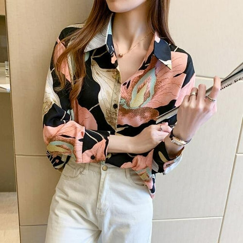 Camisa casual de gasa con estampado floral de manga larga para mujer